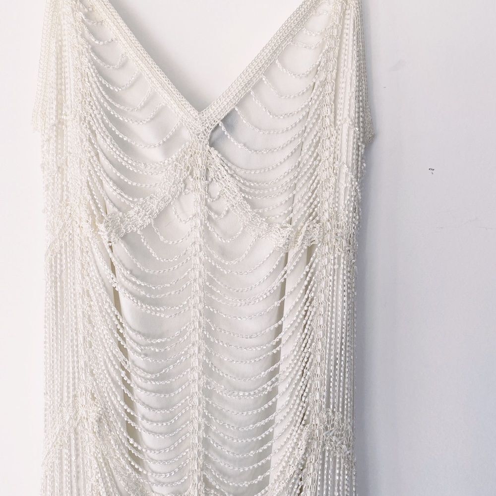Marina Vintage Beaded Gatsby Style Fringe Dress Size Medium Slightly Off White - Picture 3 of 11